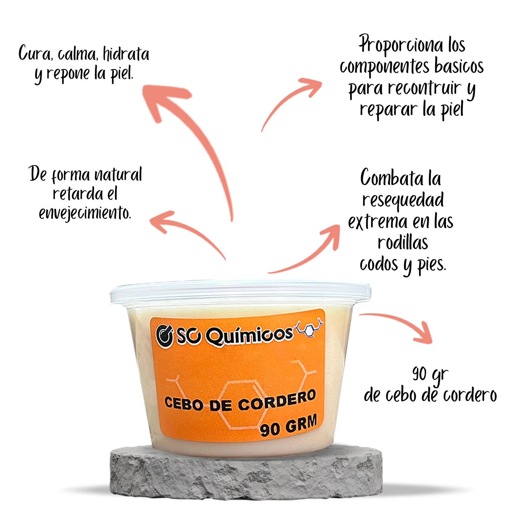 Tubos de 90 gramos de cebo de cordero orgánico, con etiqueta naranja que indica 99% pureza, sobre base gris.