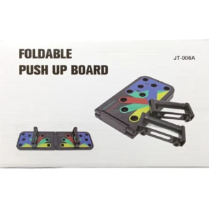 Tabla de flexiones plegable con sistema de colores para tonificar grupos musculares específicos, modelo JT-006A, mostrando vista frontal y lateral.