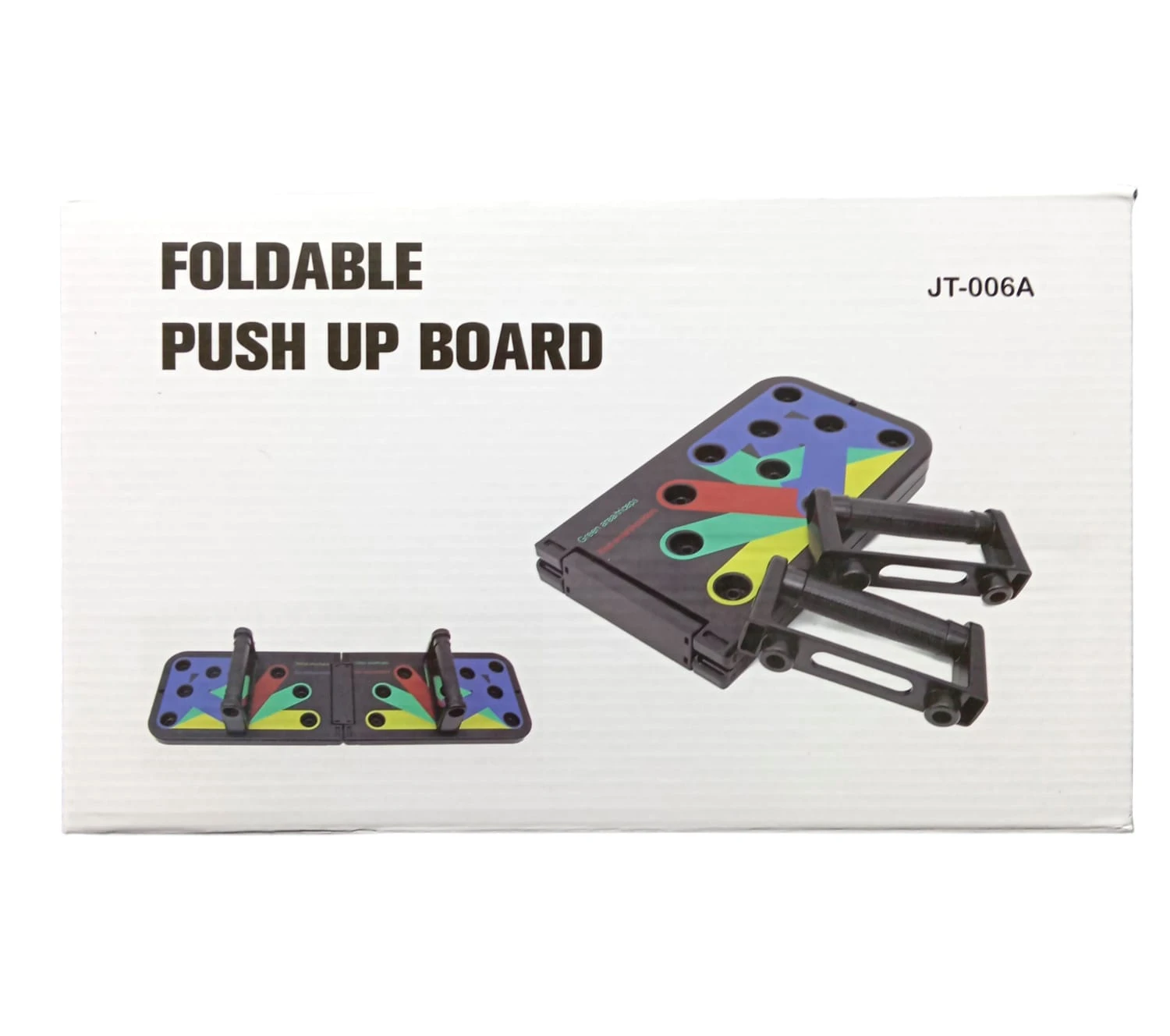 Tabla de flexiones plegable con sistema de colores para tonificar grupos musculares específicos, modelo JT-006A, mostrando vista frontal y lateral.
