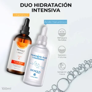 Set Bioaqua con dos frascos de 100 ml: uno de vidrio ámbar con Vitamina C y otro blanco con Ácido Hialurónico, ambos con cuentagotas, sobre fondo claro con burbujas y textos descriptivos.
