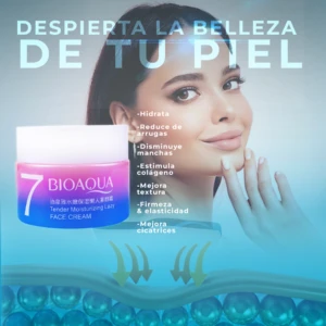 Crema facial Bioaqua 7 Beneficios, presentación de 50 g, con de mujer tocando rostro y lista de beneficios como hidratación, reducción de arrugas y mejora de textura.