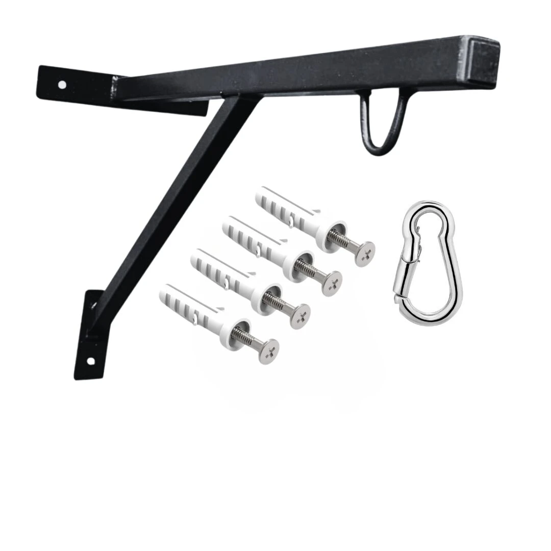 Base para saco de boxeo de hierro negro con soporte en L, cinco tacos de expansión y gancho metálico, ideal para montaje en pared.