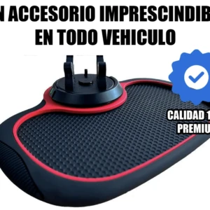 Organizador para celular con base antideslizante, color negro y rojo, con textura de malla y soporte universal para montaje en vehículo.