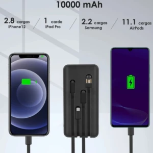 Banco de carga portátil negro de 10000 mAh con cables integrados, mostrando capacidad para cargar iPhone 12, iPad Pro, Samsung y AirPods.