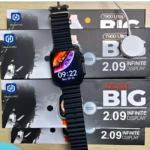 Reloj inteligente T900 Ultra con pantalla de 2.09 pulgadas, correa negra y caja de presentación.