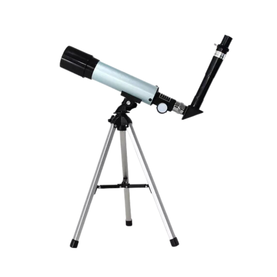 Telescopio refractor de 50 mm con trípode, cuerpo blanco y oculares negros, diseñado para observación lunar y planetaria.