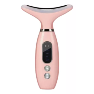 Eliminador de papada eléctrico en color rosa pálido con pantalla digital y dos botones de control, diseñado para reafirmar la piel del rostro.