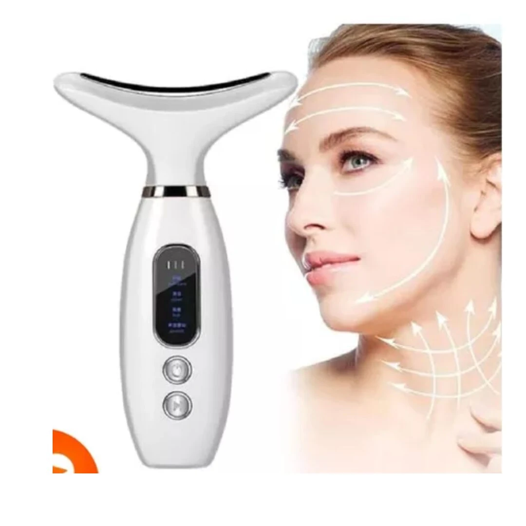 Eliminador de papada eléctrico blanco con pantalla digital y dos botones, junto a mujer mostrando líneas de masaje facial y cervical.