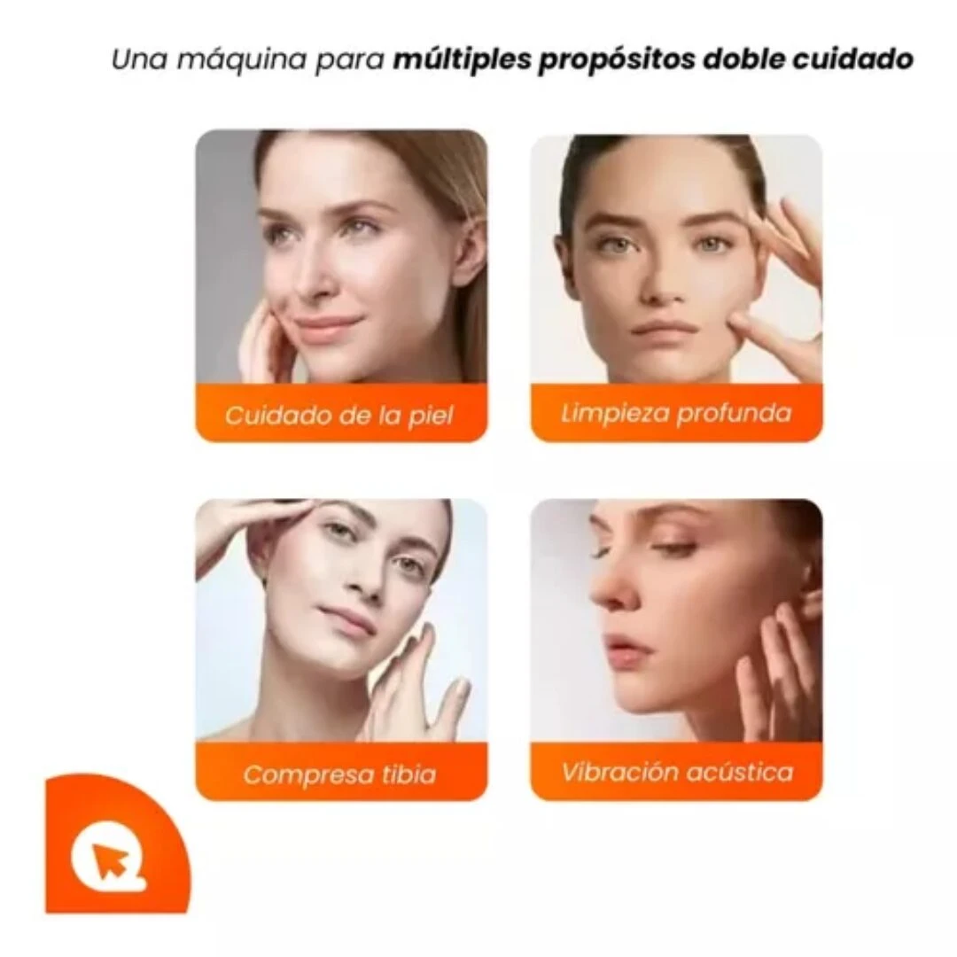 Cuatro modelos muestran beneficios del eliminador de papada eléctrico: cuidado de piel, limpieza profunda, compresión térmica y vibración acústica.