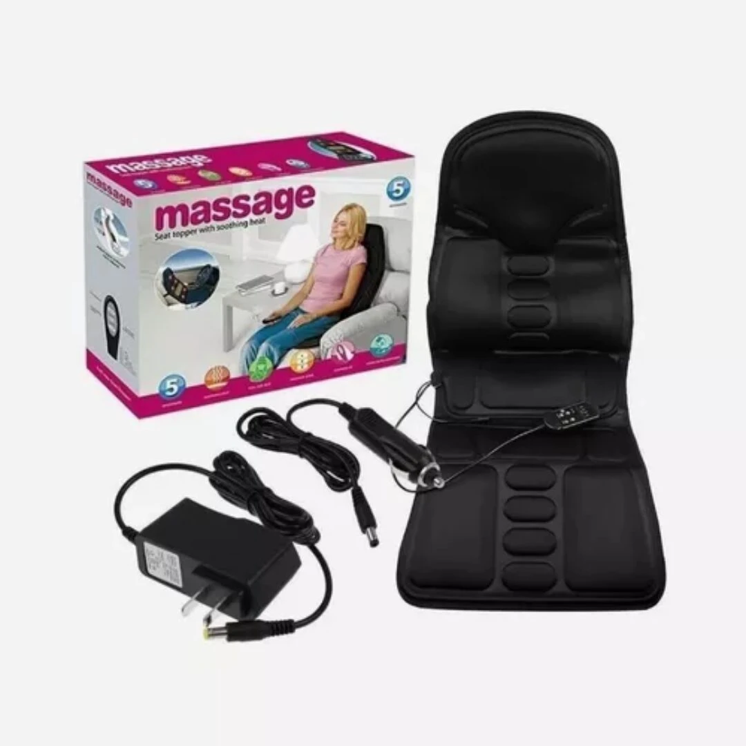Cojín masajeador eléctrico negro con control remoto, cable de alimentación y caja de presentación. Incluye función de calor infrarrojo para aliviar dolor de espalda.