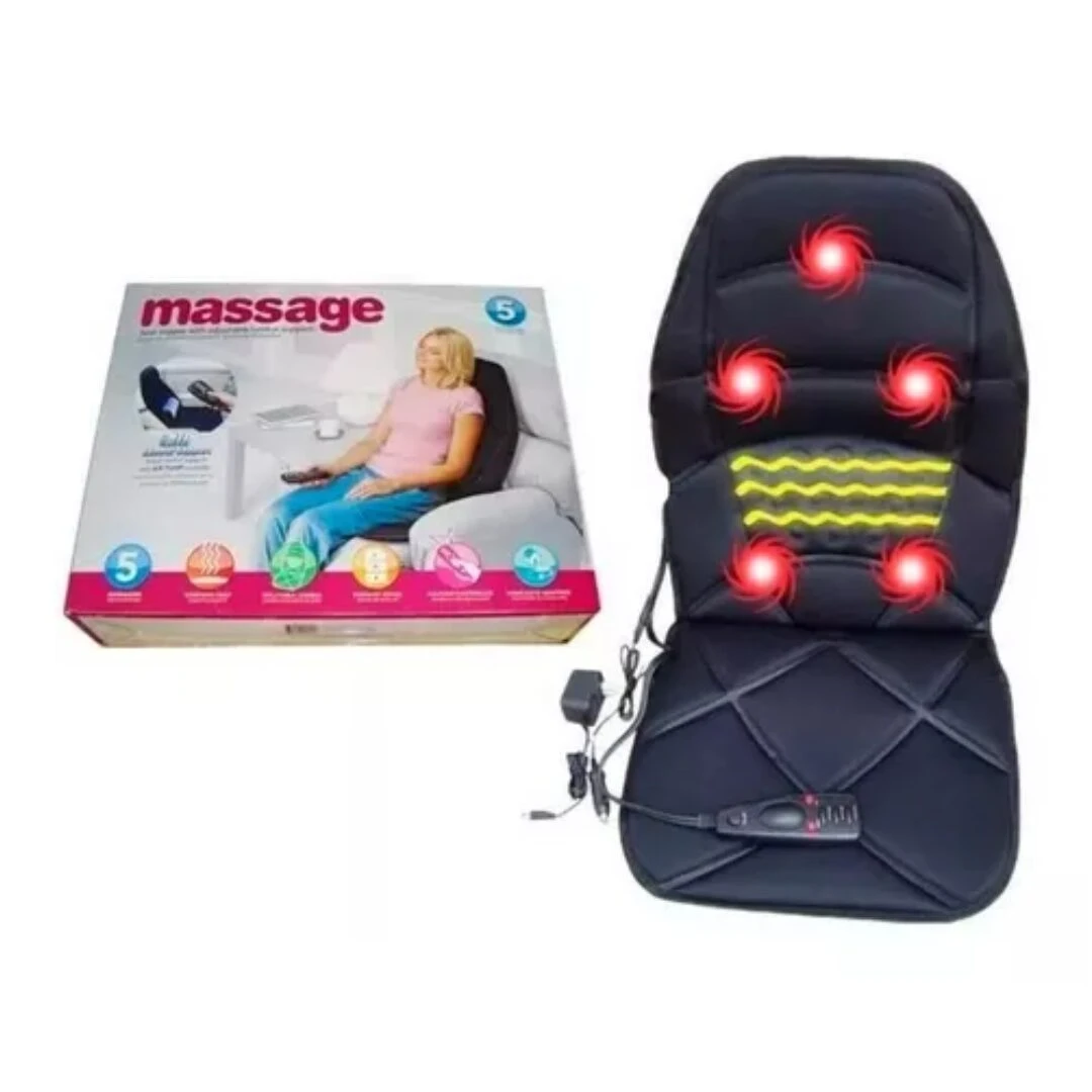 Cojín masajeador eléctrico negro con luces rojas y zona de calor infrarrojo, incluye control remoto y cable de alimentación.