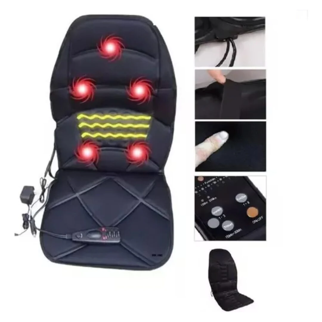 Cojín masajeador eléctrico negro con luces rojas, calor infrarrojo amarillo y control remoto; incluye detalles de textura, conexión y uso en respaldo.
