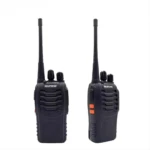 Dos walkie talkie Baofeng X2 en color negro, con antena vertical y botones naranjas visibles, mostrando la parte frontal del dispositivo.
