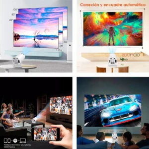 Proyector Smart Hy300 Pro proyectando cine en casa con pantalla de 130 pulgadas, ajuste automático y modo espejo para móviles.
