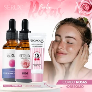 Set de cuidado facial con dos frascos de sérum rosa y colágeno, bloqueador solar SPF 15 y mujer aplicando producto en rostro.