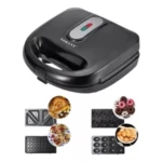 Sanduchera negra con placa intercambiable para waffles y sándwiches, mostrando accesorios y ejemplos de uso.