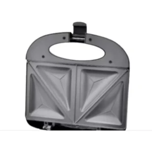 Sandwichera gris con placas antiadherentes en forma de diamante, vista frontal con asa superior y cierre central.