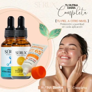 Rutina facial Sérux: dos frascos de vidrio ámbar con gotero, una crema solar SPF 65 y tapón naranja, junto a mujer sonriendo con piel radiante.