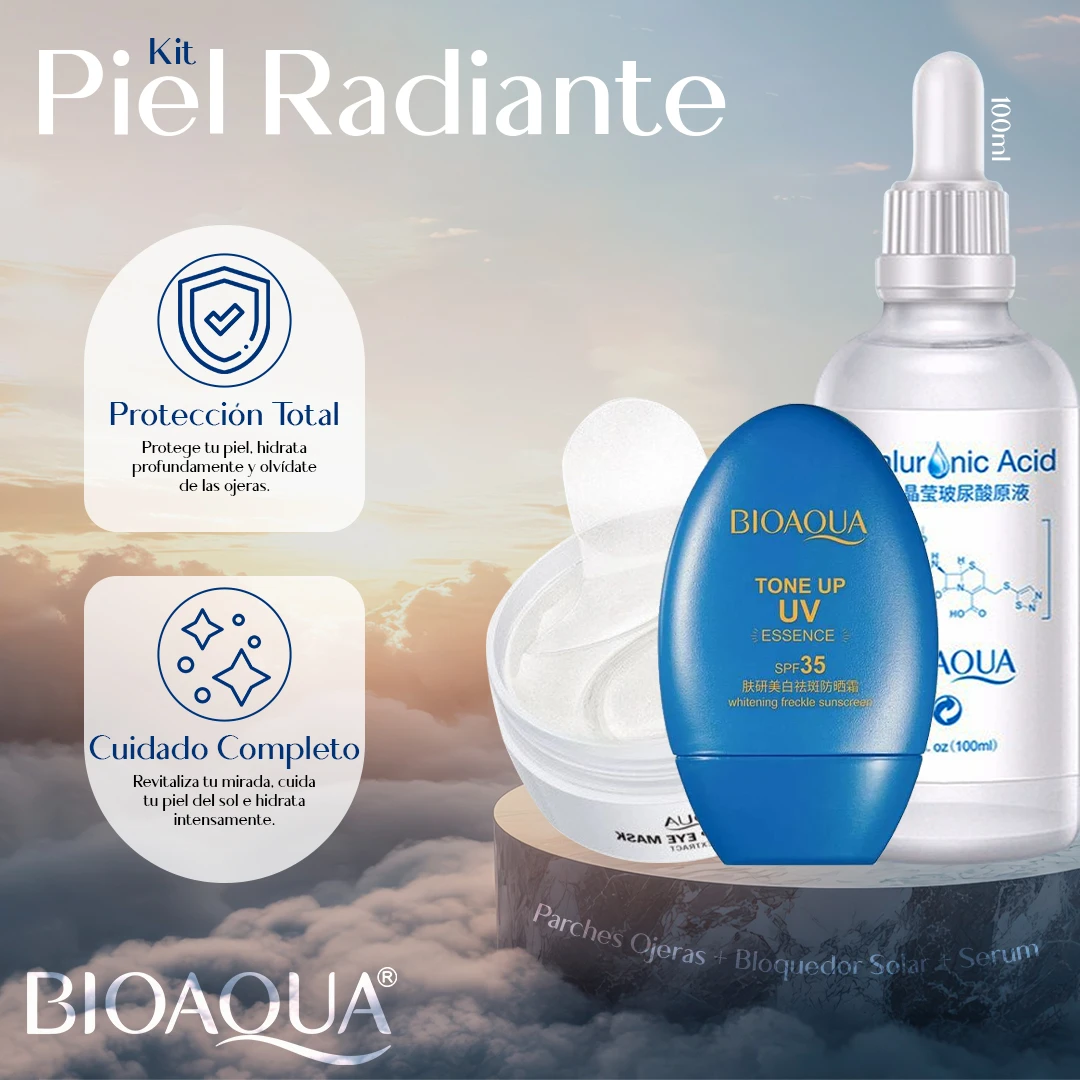 Kit Piel Radiante Bioaqua con Serum y Parches. Hidratación profunda y protección UV. Presentación con frasco de 100 ml y tubos de parches.