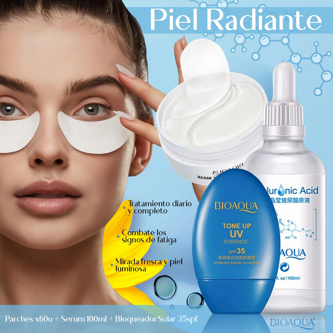 Kit Piel Radiante Bioaqua con serum y parches. Incluye bloqueador solar SPF 35, esencia y parches oculares. Presentación con envases blancos y azul.