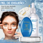 Kit de cuidado facial Bioaqua con serum en frasco blanco con gotero, parches oculares y bloqueador solar en envase azul, sobre base transparente, con modelo aplicando producto en rostro.