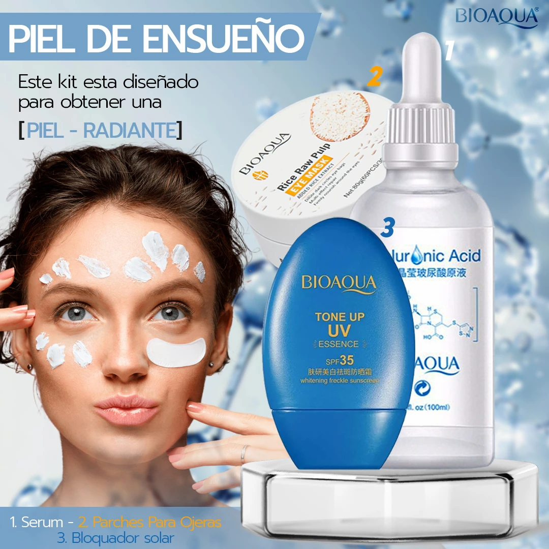 Kit de cuidado facial Bioaqua con serum en frasco blanco con gotero, parches oculares y bloqueador solar en envase azul, sobre base transparente, con modelo aplicando producto en rostro.