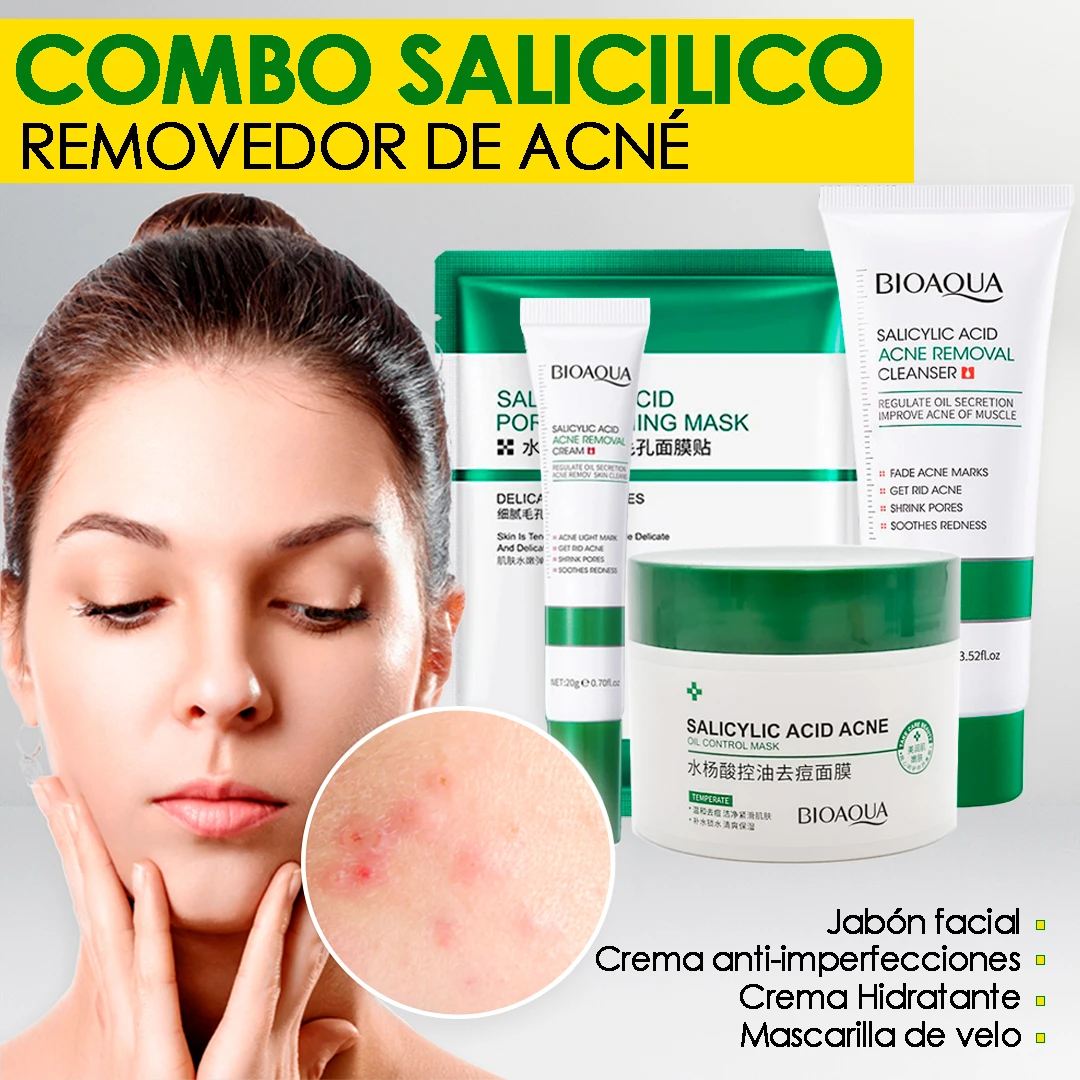 Kit de cuidado facial con ácido salicílico, incluye limpiador, crema, mascarilla y jabón. Muestra mujer con piel grasa y detalles de textura. Envases blancos y verdes.
