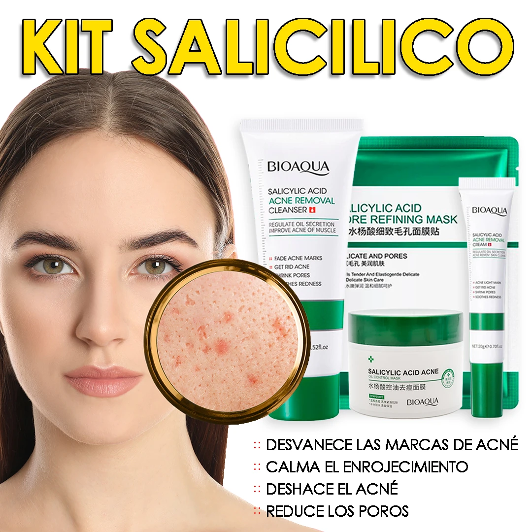 Kit de cuidado facial con limpiador, mascarilla y tratamiento para piel grasa. Incluye crema, tubos y envase verde. Muestra textura de producto y rostro con granos. Texto en español neutro de Colombia.