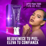 Tubo de crema despigmentante íntimo Bioaqua en tono morado, con caja del mismo color y detalles en rosa. Mujer joven con piel clara y maquillaje natural, mirando hacia arriba, sobre fondo púrpura brillante. Texto visible: "Rejuvenece tu piel, eleva tu confianza".