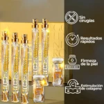 Cinco ampollas de vidrio transparente con líquido dorado y tapas metálicas, dispuestas en fila junto a dos frascos pequeños con etiqueta visible. Fondo cálido con texto parcial "GOLDEN RO". Iconos a la derecha indican beneficios: sin cirugía, resultados rápidos, firmeza de piel y estimulación de colágeno.