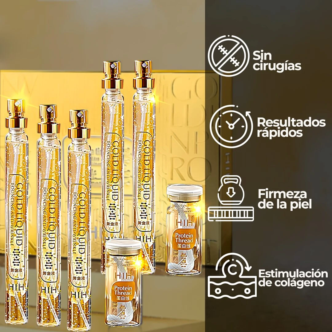 Cinco ampollas de vidrio transparente con líquido dorado y tapas metálicas, dispuestas en fila junto a dos frascos pequeños con etiqueta visible. Fondo cálido con texto parcial "GOLDEN RO". Iconos a la derecha indican beneficios: sin cirugía, resultados rápidos, firmeza de piel y estimulación de colágeno.