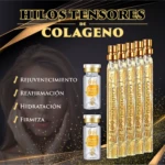 Pack de seis hilos tensores de colágeno con péptidos, presentados en tubos dorados con tapas metálicas, acompañados de dos ampollas individuales. El diseño destaca reafirmación, hidratación y firmeza facial.
