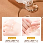 Serum reafirmante de arroz con ácido hialurónico: gota transparente sobre piel y manos, textura ligera, fondo marrón cálido.