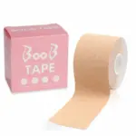 Cinta corporal beige enrollada con caja rosa que muestra el nombre del producto y detalles de uso.