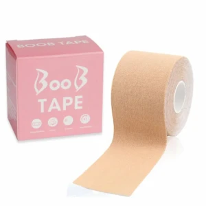 Cinta corporal beige enrollada con caja rosa que muestra el nombre del producto y detalles de uso.