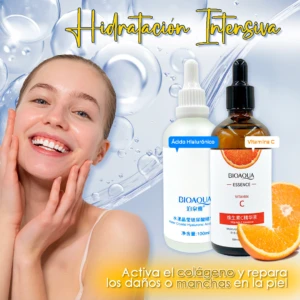 Set de dos frascos de BIOAQUA: uno blanco con gotero y etiqueta azul de ácido hialurónico, otro marrón con gotero negro y etiqueta naranja de vitamina C, junto a rodaja de naranja. Mujer sonriente tocando rostro.