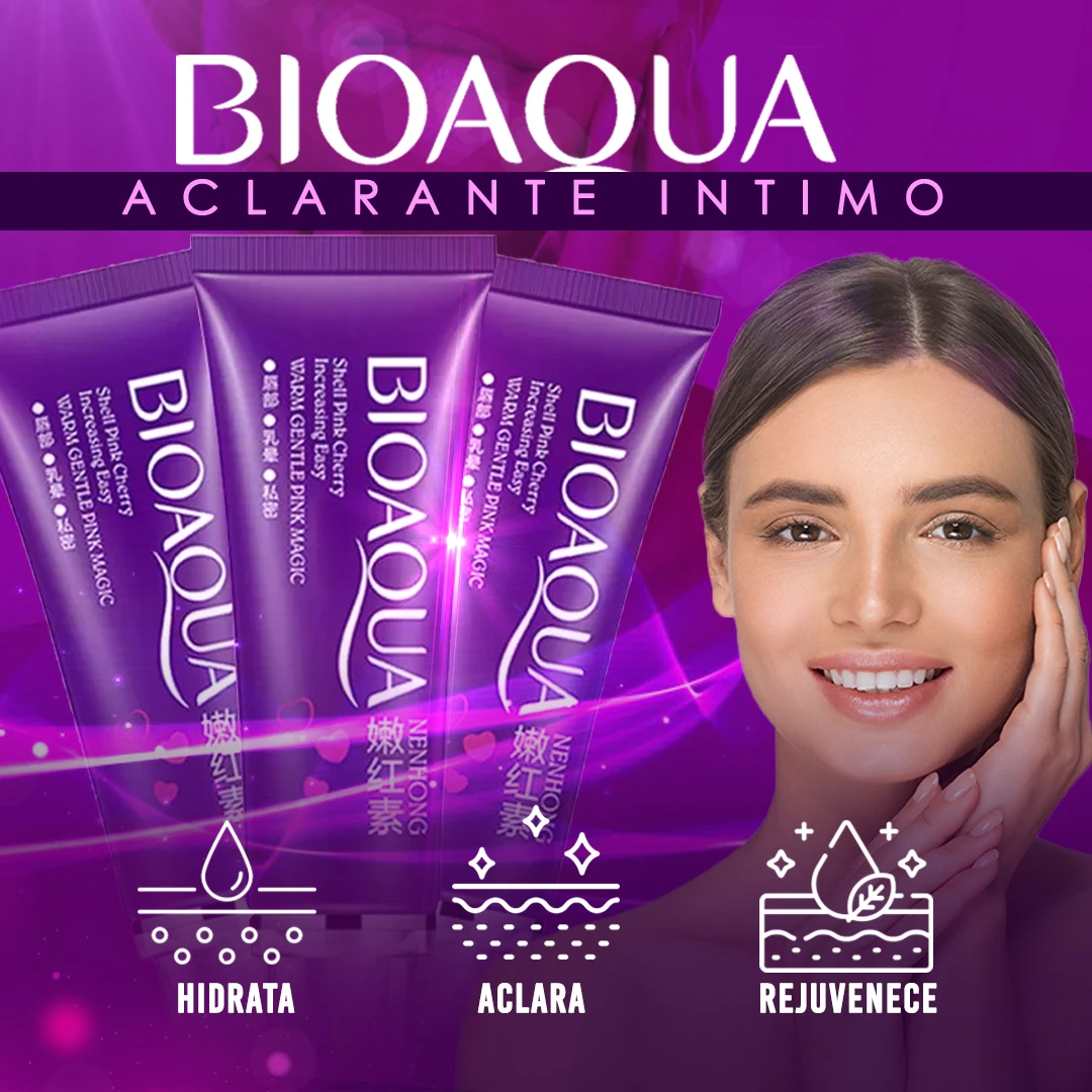 Tres tubos de crema despigmentante Bioaqua en tonos púrpura, con ilustraciones que destacan hidratación, aclarado y rejuvenecimiento, acompañados de modelo sonriendo.