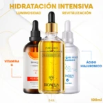 Set Bioaqua Serum 24K con Ácido Hialurónico y Vitamina C en presentación de tres frascos de 100 ml, con gotero, para hidratación intensiva y luminosidad.