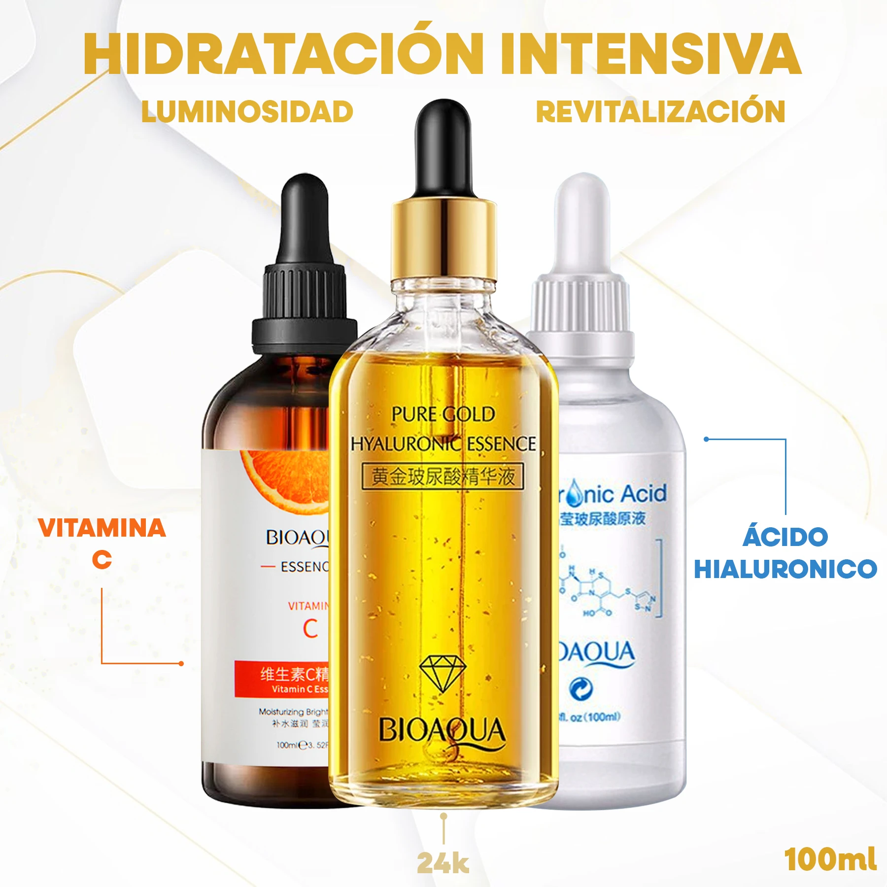 Set Bioaqua Serum 24K con Ácido Hialurónico y Vitamina C en presentación de tres frascos de 100 ml, con gotero, para hidratación intensiva y luminosidad.