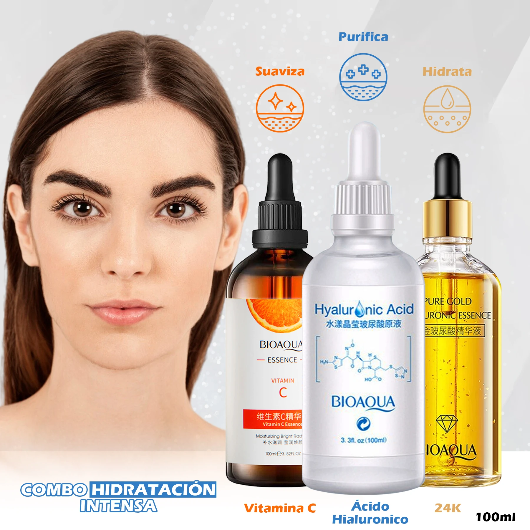 Set Bioaqua con tres sueros: Vitamina C, Ácido Hialurónico y Pure Gold Essence. Botellas de vidrio con gotero, etiquetas claras y fondo blanco. Ideal para hidratación y luminosidad facial.
