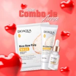 Set de cuidado facial BIOAQUA con mascarilla, limpiador y sérum de arroz. Presentación blanca sobre fondo rosado con corazones decorativos.