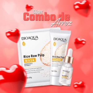 Set de cuidado facial BIOAQUA con mascarilla, limpiador y sérum de arroz. Presentación blanca sobre fondo rosado con corazones decorativos.
