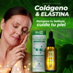 Serum facial Muqi con colágeno y elastina en frasco ámbar y caja verde, acompañado de mujer tocando rostro con expresión relajada, fondo verde con hojas y brillo dorado.