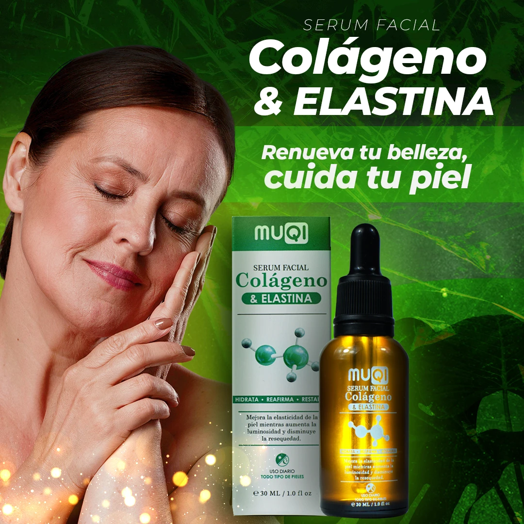 Serum facial Muqi con colágeno y elastina en frasco ámbar y caja verde, acompañado de mujer tocando rostro con expresión relajada, fondo verde con hojas y brillo dorado.