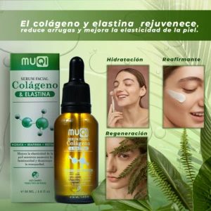 Serum facial Muqi Colágeno y Elastina en presentación de 30 ml con gotero, acompañado de su caja. Muestra efectos de hidratación, reafirmación y regeneración en rostro femenino, con fondo verde natural y elementos botánicos.