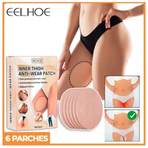 Pack de parches anti rozaduras para muslos, color piel, con de aplicación y detalles de uso en mujer usando ropa interior negra.
