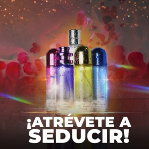 Cuatro frascos de perfume con feromonas de 30ml en colores morado, azul, amarillo y azul claro, con gotas de agua y fondo de pétalos rojos y luces brillantes.