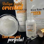 Rutina facial Bioaqua con ácido hialurónico e ingredientes de arroz: limpiador, mascarilla y esencia en presentación blanca y transparente, con texto en inglés y español.