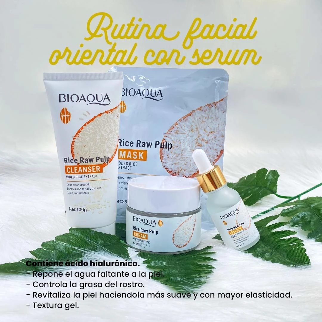 Rutina facial Bioaqua con ácido hialurónico: limpiador, mascarilla, crema y suero en presentación blanca sobre hojas verdes.