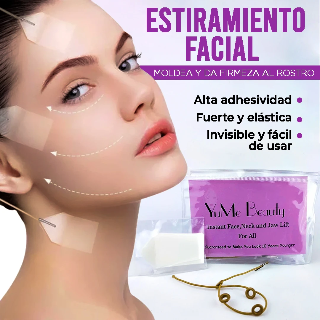 Pack de dos tiras adhesivas transparentes para lifting facial, mostrando aplicación en rostro y cuello, con texto en español destacando firmeza y elasticidad.
